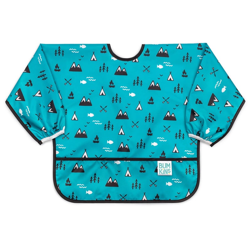 Bumkins Sleeved Bib for Girl or Boy, Baby and Toddler for 6-24 Mos, Essential Must Have for Eating, Feeding, Baby Led Weaning Supplies, Long Sleeve Mess Saving Food Catcher, Fabric, Outdoors Blue - Image 1